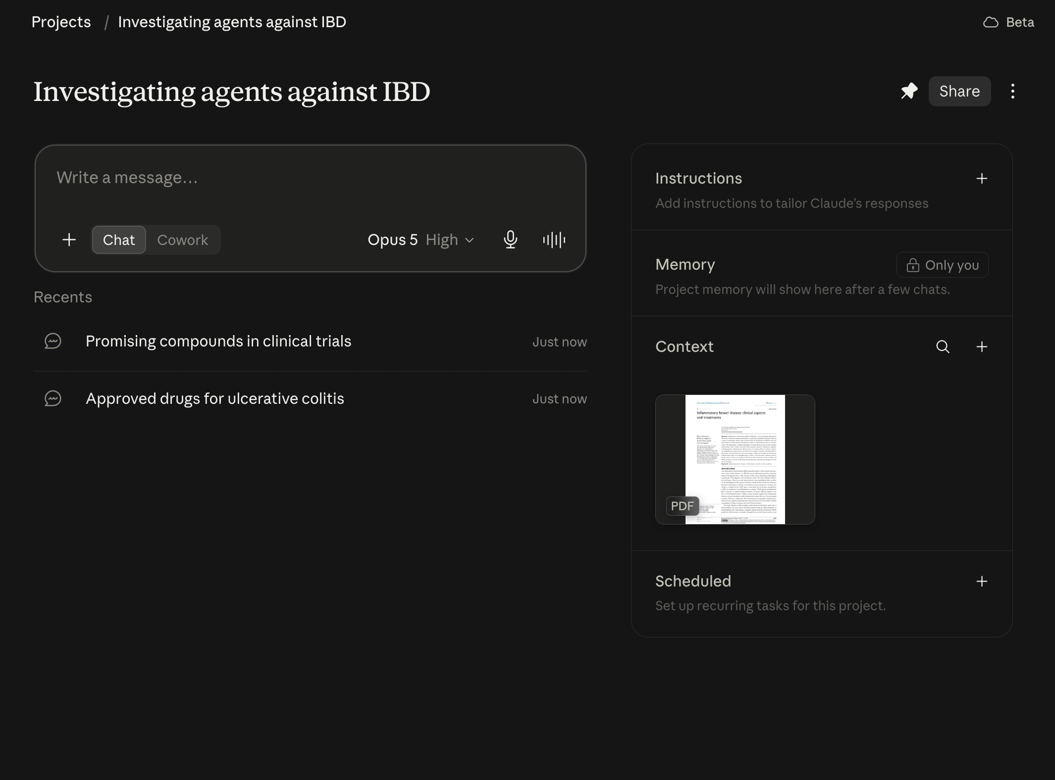 A Claude project called Investigating agents against IBD showing recent chats on promising compounds in clinical trials and approved drugs for ulcerative colitis, with side panels for instructions, private project memory, an attached inflammatory bowel disease review PDF as context, and a scheduled recurring tasks section.