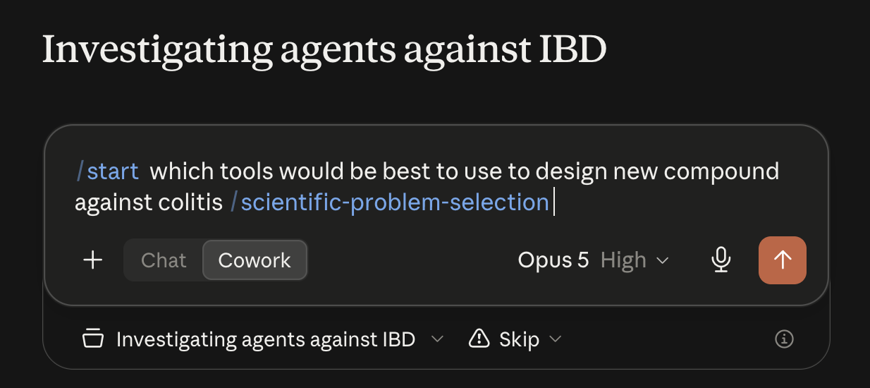 Claude Cowork prompt box in a project called Investigating agents against IBD, containing the prompt /start which tools would be best to use to design new compound against colitis /scientific-problem-selection, with Cowork mode selected and the Opus 5 model set to high reasoning.
